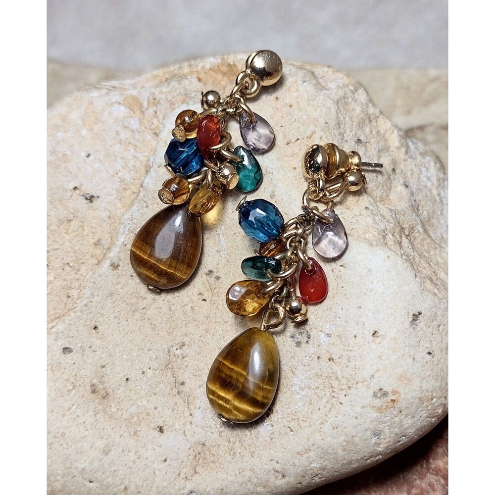 Tiger's Eye Jewel tone Small Cluster Gold tone Earrings